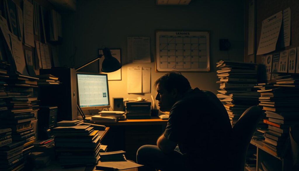 A dimly lit office space, cluttered with unfinished projects and scattered papers. In the foreground, a person sits hunched over a desk, staring blankly at a computer screen, their expression a mix of frustration and defeat. The middle ground reveals stacks of self-help books and abandoned planners, a testament to their previous attempts at building habits. In the background, a calendar on the wall is marked with crossed-out days, hinting at the cycle of false starts and abandoned goals. The scene is bathed in a warm, golden light, creating a sense of melancholy and introspection. A single, solitary desk lamp casts long shadows, emphasizing the weight of the person's struggle to establish lasting habits for success.