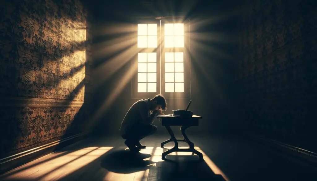 A dimly lit room, the walls adorned with intricate patterns, casting long shadows on the floor. In the center, a person sits hunched over a desk, pen in hand, grappling with the challenge of building habits. The scene conveys a sense of struggle, the figure's expression one of deep contemplation. Rays of soft, warm light filter through the windows, illuminating the task at hand, hinting at the possibility of progress and growth. The room's atmosphere is one of quiet determination, a subtle reminder that the path to lasting change is often paved with small, incremental steps.