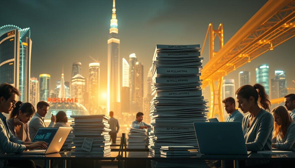 A hyper-realistic, cinematic image of the growing demand for AI skills in the job market. In the foreground, a diverse group of professionals, some using laptops and AI-powered devices, are engaged in data analysis, machine learning, and other AI-related tasks. The middle ground features a towering stack of resumes and job applications, symbolizing the intense competition for these sought-after roles. In the background, a futuristic cityscape with gleaming skyscrapers and advanced technological infrastructure. The scene is bathed in a warm, golden light, creating a sense of optimism and opportunity. The overall composition conveys the rapid expansion of the AI industry and the urgency for individuals to acquire relevant skills to thrive in this dynamic job market.