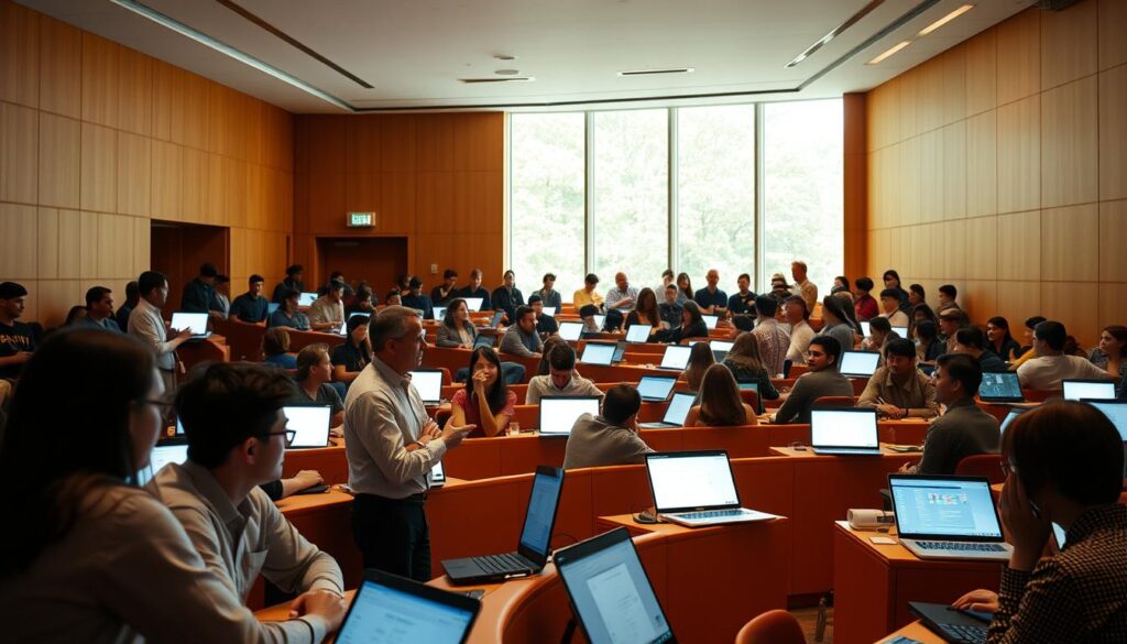 A lecture hall at Stanford University, filled with attentive students, their faces illuminated by the soft glow of laptop screens. The professor, dressed in a crisp button-down shirt, stands at the front of the room, gesturing animatedly as they explain complex machine learning concepts. Rows of desks are arranged in a semicircle, creating an intimate atmosphere for collaborative learning. The room is bathed in a warm, natural light filtering through large windows, casting a calming ambiance over the scene. Sleek, modern architecture frames the space, hinting at the university's technological prowess. An air of focused intensity pervades the room, as the students immerse themselves in the intricacies of the CS229 Machine Learning course.