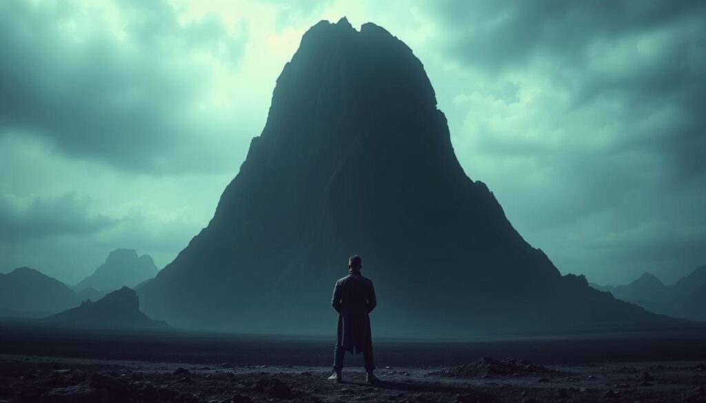 A lone figure stands resolute, facing a towering, ominous obstacle that casts a looming shadow. The background is a bleak, dystopian landscape, hinting at the challenges and adversity to be overcome. Dramatic lighting highlights the protagonist's determined expression, their stance unwavering in the face of adversity. The composition emphasizes the contrast between the small, vulnerable human and the imposing, formidable challenge, conveying the struggle and resilience inherent in confronting everyday difficulties. A cinematic, moody atmosphere pervades the scene, inviting the viewer to empathize with the subject's experience of adversity and the potential for triumph.
