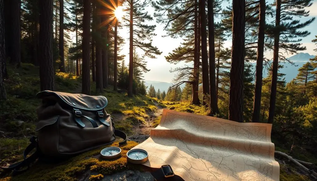 A lush, overgrown forest path winding through towering pines, the sunlight filtering through the canopy above, casting a warm, golden glow. In the foreground, a weathered backpack and compass lie on a mossy rock, hinting at the adventurer's journey. The middle ground reveals a hand-drawn map unfolding, its edges worn and creased, guiding the explorer through the untamed wilderness. In the distance, a distant mountain range rises, its peaks shrouded in a wispy mist, inviting the viewer to venture forth and discover the hidden wonders that lie beyond.