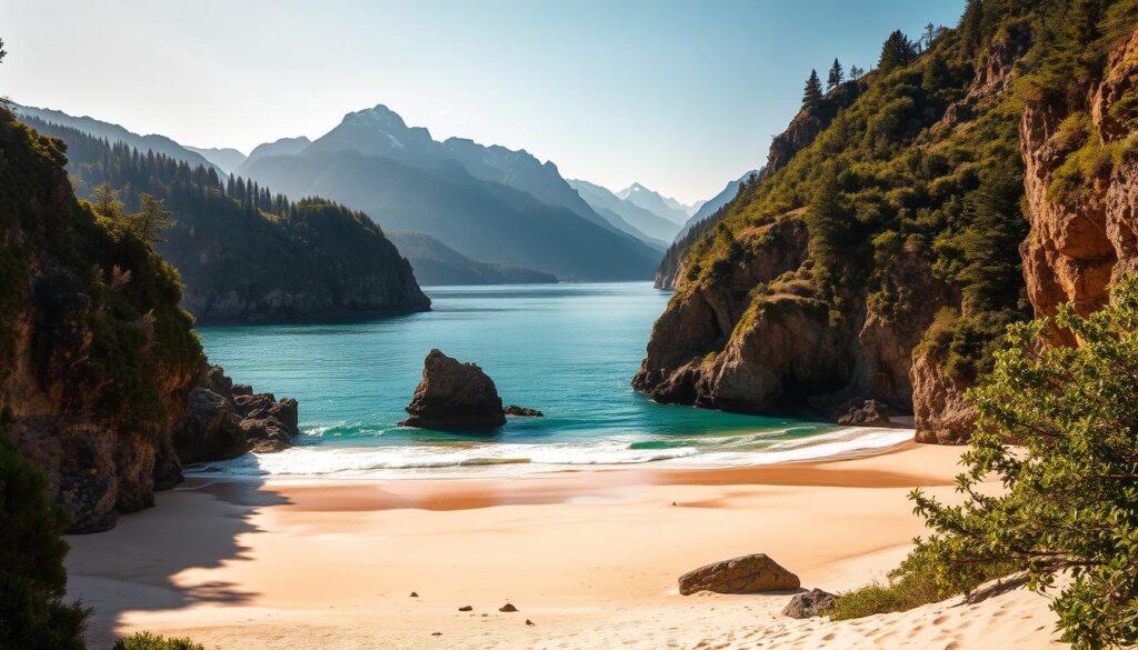 A majestic coastline bathed in golden sunlight, where rugged cliffs meet turquoise waters. In the foreground, a secluded beach with soft, powdery sand and gently lapping waves. Lush, verdant foliage clings to the rocky outcroppings, creating a lush, natural setting. The middle ground features a tranquil bay, its surface like a mirror, reflecting the surrounding mountains and forests. In the distance, towering peaks pierce the horizon, their snow-capped summits glowing in the warm, diffused light. The scene exudes a sense of tranquility and wonder, inviting the viewer to immerse themselves in the breathtaking beauty of this coastal nature destination.