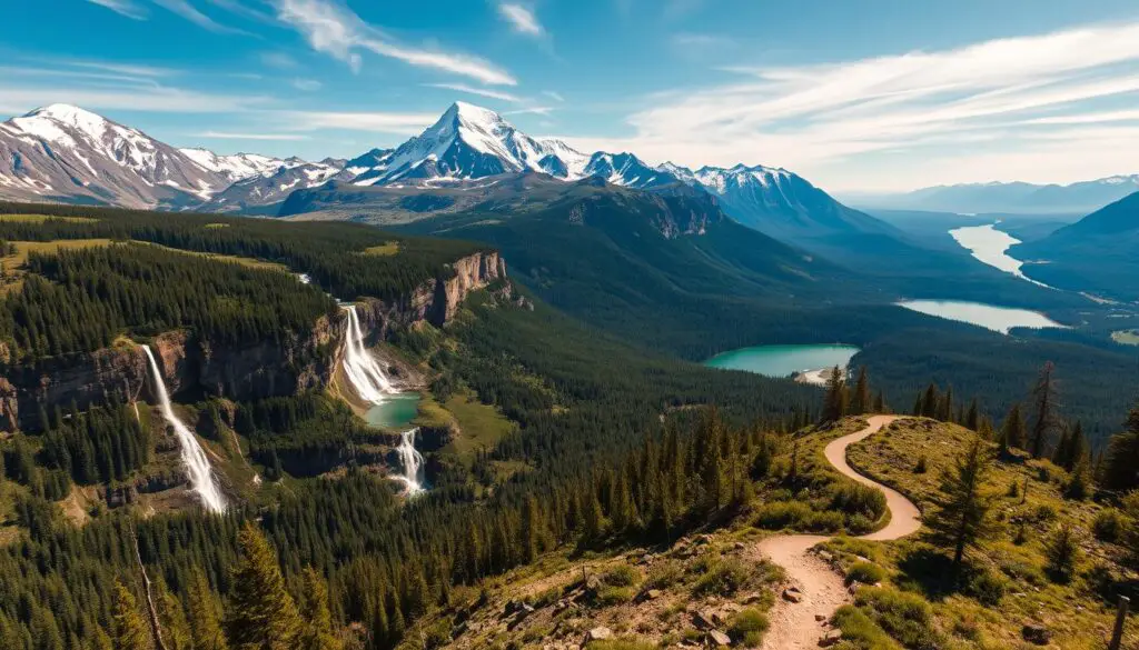 A majestic landscape unfolds, where towering peaks pierce the azure sky, their snow-capped summits glistening in the warm sunlight. Cascading waterfalls tumble over rugged cliffs, their crystalline waters flowing into serene, emerald-hued lakes. Dense, verdant forests stretch out as far as the eye can see, their canopies providing a haven for a diverse array of wildlife. In the foreground, a winding, meandering trail beckons the adventurous, leading them deeper into this enchanting, undiscovered realm - America's secret natural treasures, a hidden gem waiting to be explored.