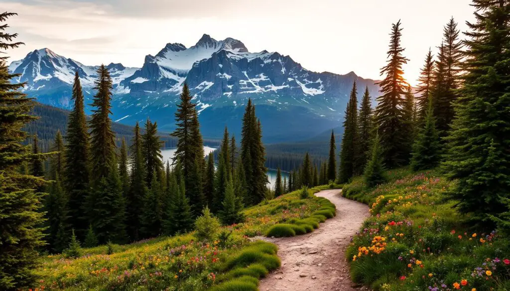 A majestic, snow-capped mountain range rises majestically in the background, its jagged peaks reaching towards the heavens. In the middle ground, a pristine alpine lake reflects the surrounding peaks and forests, its crystal-clear waters shimmering in the warm, golden light of the setting sun. In the foreground, a winding, well-trodden hiking trail leads through a lush, verdant forest, flanked by towering evergreen trees and a carpet of vibrant wildflowers. The scene is suffused with a sense of tranquility and awe, inviting the viewer to immerse themselves in the unspoiled beauty of this hidden outdoor gem.