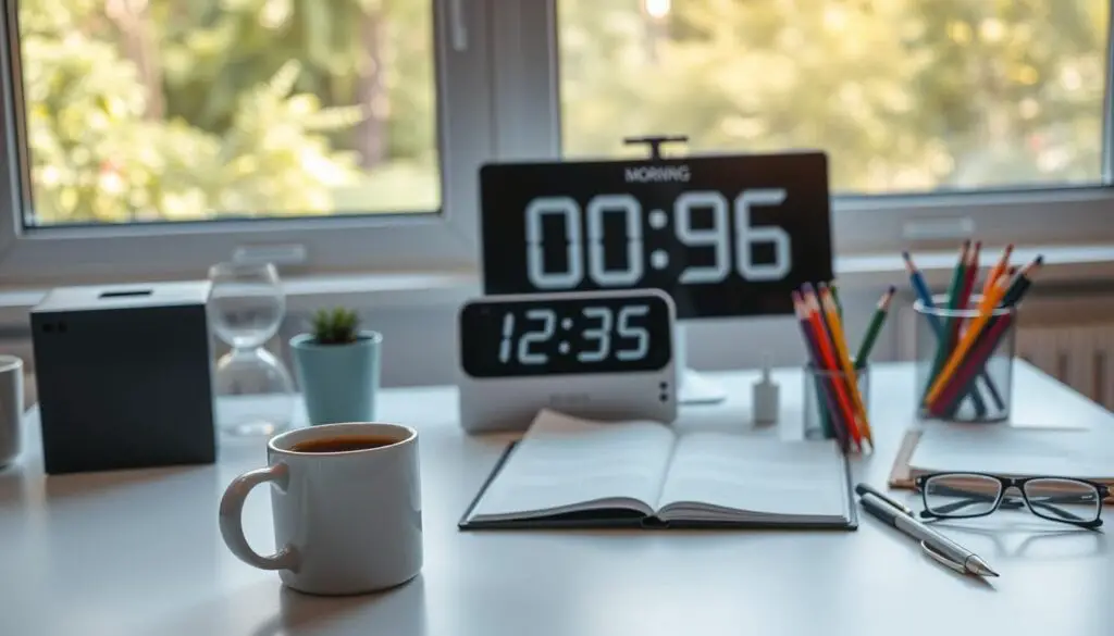 A minimalist home office workspace with a clean, organized desk arrangement. In the foreground, a white mug of steaming coffee, a daily planner, and a set of colorful pens. In the middle ground, a large digital clock display showing the morning hours, alongside a small potted plant and a pair of reading glasses. The background features a large window overlooking a serene, sun-dappled garden, providing a sense of calm and natural light. The overall scene conveys a sense of productivity, focus, and a well-structured morning routine.