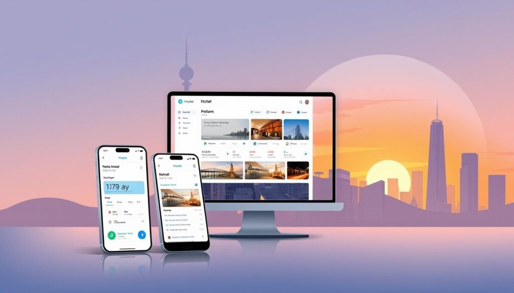 A modern, minimalist illustration showcasing a variety of accommodation booking platforms. In the foreground, sleek mobile devices display booking app interfaces with elegant typography and intuitive layouts. The middle ground features a laptop screen displaying a hotel search results page, with sophisticated filtering options and high-quality property images. In the background, a cityscape with stylized skyscrapers and a vibrant sunset sky creates a sense of travel and adventure. The overall mood is one of efficiency, simplicity, and the excitement of planning a memorable trip. Soft, diffused lighting and a clean, sophisticated color palette convey a premium, high-tech aesthetic.