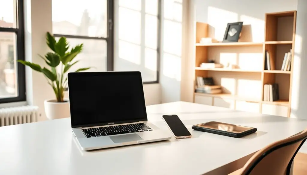 A modern, minimalist workspace with a clean, uncluttered desk showcasing a laptop, tablet, and smartphone. The setup is illuminated by soft, natural lighting filtering through large windows, creating a warm, inviting atmosphere. In the background, simple yet elegant shelves display a few carefully curated books and decor items. The overall scene conveys a sense of effortless productivity and accessible technology, ideal for a beginner blogger looking to establish a professional online presence.