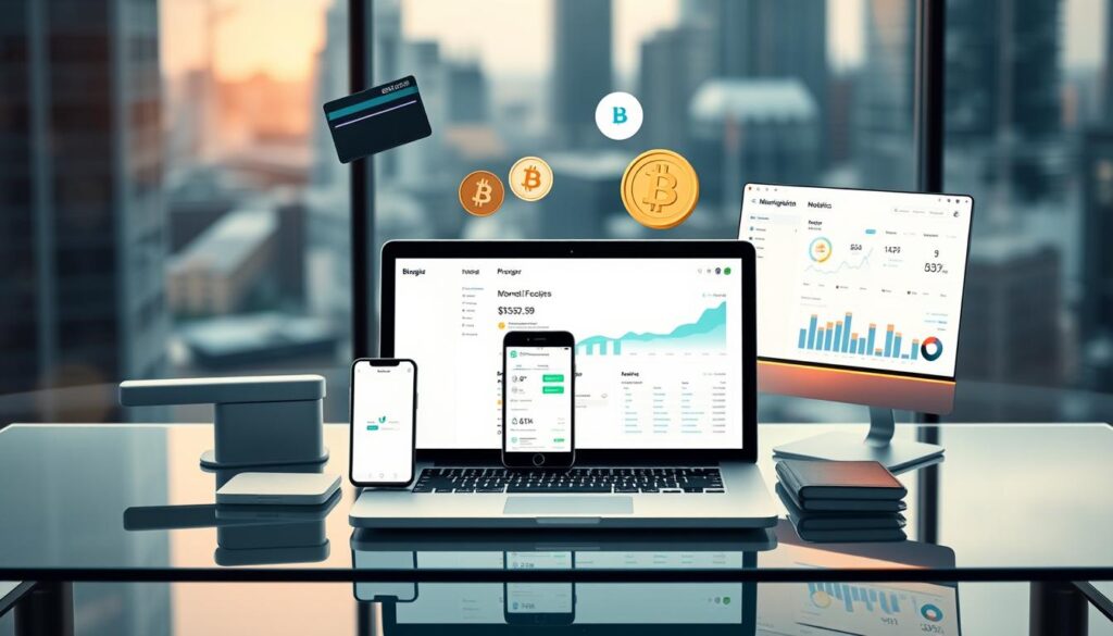 A modern, minimalist workspace with various monetization tools neatly arranged on a sleek, glass desk. In the foreground, a stylized laptop, smartphone, and tablet display monetization platform interfaces. In the middle ground, physical objects like a credit card reader, digital currency wallet, and web analytics dashboard hover above the desk, bathed in warm, indirect lighting. The background features a blurred cityscape, hinting at the global reach and digital nature of these monetization tools. The overall scene conveys a sense of efficiency, professionalism, and the diverse options available for bloggers to generate revenue.