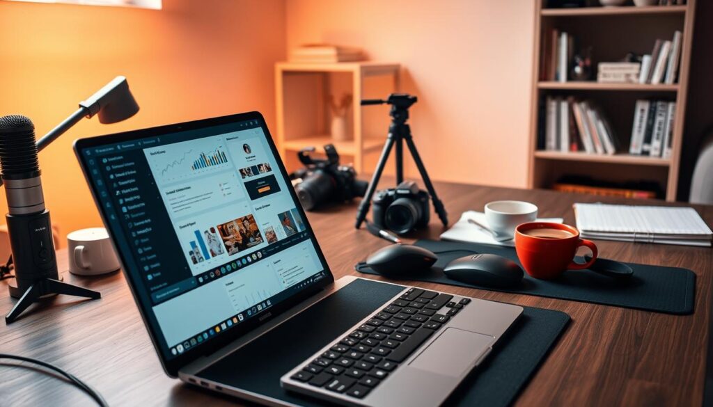 A modern, neatly organized workspace filled with an array of blogging tools. In the foreground, a sleek laptop with a clean interface displaying analytics and writing software. Beside it, a high-quality microphone, a tactile mechanical keyboard, and a minimalist mouse pad. In the middle ground, a stylized camera and tripod, ready to capture visuals for blog posts. The background showcases a minimalist bookshelf stocked with reference materials, a tactile notepad, and a cup of freshly brewed coffee. Warm, indirect lighting creates a focused, productive atmosphere. The overall scene conveys the state-of-the-art technology and methodical approach of a professional blogger in 2025.
