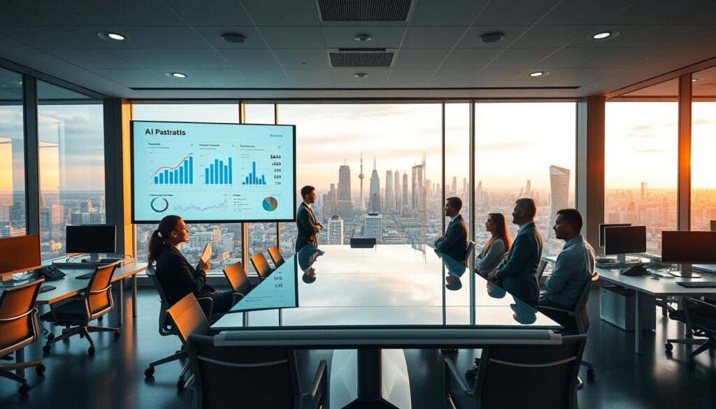 A modern office interior with large windows overlooking a dynamic city skyline. In the foreground, a group of business professionals in smart casual attire are gathered around a sleek, glass-topped conference table, engaged in a lively discussion. Projected on the wall behind them, a data visualization dashboard showcases metrics like revenue growth, customer acquisition, and market share. Subtle ambient lighting from recessed ceiling fixtures creates a warm, productive atmosphere. The middle ground features neatly organized workstations with minimalist, ergonomic furniture and state-of-the-art computer equipment. In the background, the city landscape is bathed in golden hour light, symbolizing the potential for AI-driven business growth and expansion.