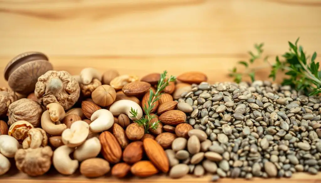 A neatly arranged still life showcasing an assortment of magnesium-rich nuts and seeds against a warm, wooden background. In the foreground, there are whole and halved walnuts, almonds, cashews, pumpkin seeds, and chia seeds, all displayed with care and attention to detail. The lighting is soft and natural, gently illuminating the textures and colors of the various ingredients. The middle ground features a few sprigs of fresh herbs, adding a touch of greenery and a sense of freshness to the scene. The background is a simple, uncluttered wooden surface, allowing the nuts and seeds to take center stage. The overall mood is calming, inviting, and representative of the sleep-promoting properties of these magnesium-rich superfoods.