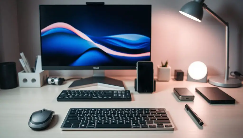 A neatly organized desk showcasing an array of affordable yet high-performing productivity gadgets. In the foreground, a sleek, minimalist mouse and keyboard combo, a compact digital note-taker, and a versatile, multi-functional stylus. In the middle ground, a streamlined, space-saving monitor and a portable power bank. In the background, a visually appealing desk organizer, a discreet wireless charging pad, and a compact, energy-efficient desk lamp. The lighting is soft and diffused, creating a warm, inviting atmosphere. The overall composition conveys a sense of simplicity, efficiency, and thoughtful curation, perfectly suited for the modern, budget-conscious professional.