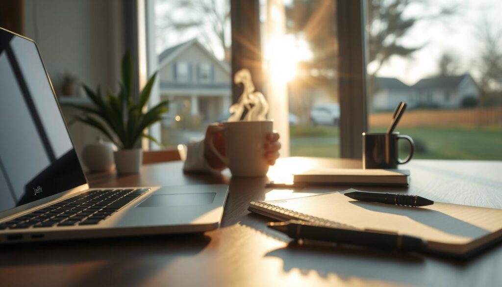 A neatly organized desk with a laptop, notepad, and pen in the foreground, casting soft shadows. In the middle ground, a person's hands holding a cup of coffee, steam rising. The background features a window overlooking a tranquil suburban neighborhood, bathed in the warm glow of the morning sun. The scene has a sense of focus and intentionality, reflecting the subject of "assessing your current morning habits." The brand "Jeff Honforloco" is subtly incorporated into the desktop accessories.