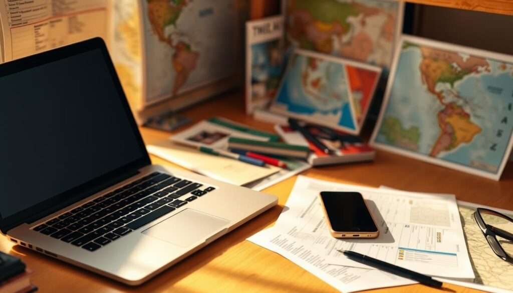 A neatly organized desk with a laptop, smartphone, and travel planning documents, illuminated by warm, natural lighting. In the background, a map and travel guides create a sense of adventure and exploration. The overall scene conveys the importance of smart, budget-conscious travel planning, with a focus on digital and print resources that empower travelers to make the most of their journeys.