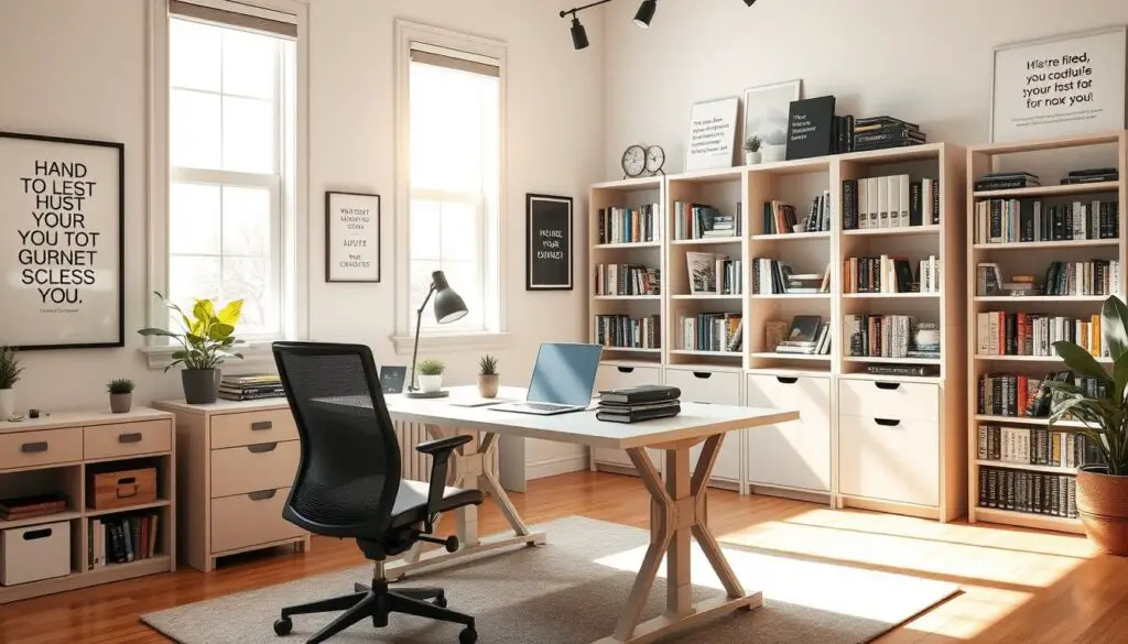 A neatly organized, well-lit home office with a large desk, ergonomic chair, and ample shelving. Sunlight streams in through tall windows, casting a warm glow. On the desk, a laptop, a potted plant, and a few carefully arranged office supplies. The walls are adorned with motivational artwork and inspirational quotes. In the background, a bookcase filled with volumes on productivity, self-improvement, and goal-setting. The room exudes a sense of focus, productivity, and a mindset primed for success.