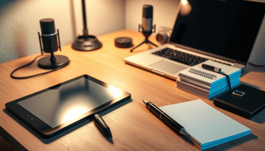 A neatly organized workspace with various blogging tools arranged on a clean, minimalist wooden desk. In the foreground, a high-quality digital writing tablet, a stylish fountain pen, and a stack of crisp, blank notebooks. In the middle ground, a modern laptop, a professional-grade microphone, and a small, well-lit camera. In the background, subtle shadows and warm, diffused lighting create a cozy, productive atmosphere, hinting at the creative potential of these essential blogging tools.