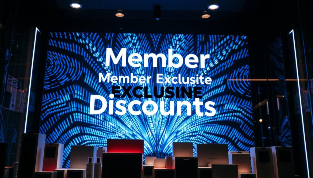 A neon-lit storefront showcasing a variety of exclusive member discounts. In the foreground, a display of luxury products with sleek, modern packaging and minimalist designs. In the middle ground, a stylized typographic treatment of "Member Exclusive Discounts" hovers against a backdrop of pulsing, holographic patterns. The lighting is dramatic, casting long shadows and creating a sense of depth and exclusivity. The overall mood is one of sophisticated allure, hinting at the privileged access and special savings available to those in the know.