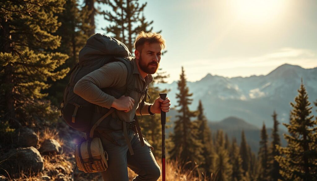 A rugged backpacker navigating a scenic mountain trail, wearing a sturdy backpack and hiking boots, trekking pole in hand. Sunlight filters through the dense forest canopy, casting a warm, golden glow across the scene. In the distance, majestic snow-capped peaks rise against a vibrant blue sky. The backpacker's expression is one of focused determination, capturing the essence of an authentic backcountry adventure. Wide-angle lens, realistic textures and details, cinematic lighting.