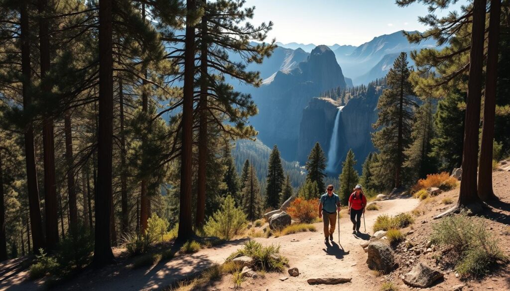A scenic hiking trail winds through the majestic granite cliffs and lush forests of Yosemite National Park. Tall pine trees frame the path, casting dappled shadows on the sun-dappled earth. In the distance, a crystalline waterfall cascades over rugged rock formations, its mist glittering in the warm California sunlight. Hikers traverse the trail, their silhouettes casting long shadows as they take in the breathtaking panoramic views of the valley below. The overall scene evokes a sense of tranquility, adventure, and the awe-inspiring beauty of nature.