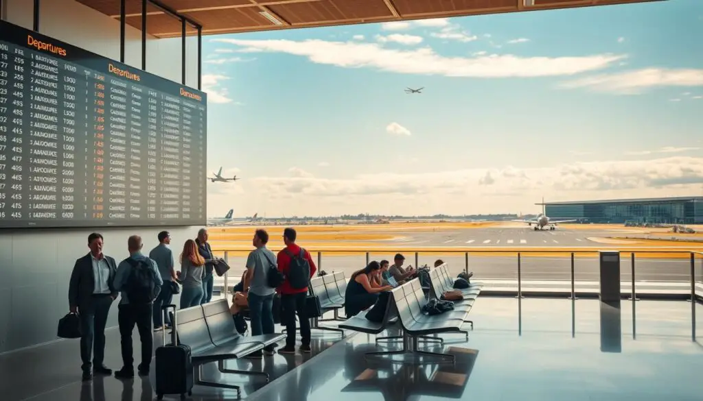 A serene airport terminal, bathed in warm, natural lighting. In the foreground, a group of travelers stand before a large departures board, scanning for the most affordable flight options. The middle ground features sleek, modern airport seating, where people sit and ponder their itineraries. In the background, a panoramic view of the runway, with aircraft taking off and landing against a vibrant, azure sky. The atmosphere is one of excitement and possibility, as these budget-conscious globetrotters prepare to embark on their adventures around the world.