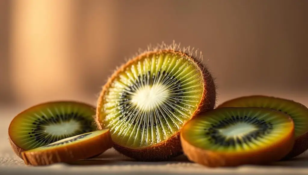 A serene close-up of a kiwi fruit, its fuzzy brown skin contrasted against a soft, out-of-focus background. The kiwi is positioned centrally, with a gentle sidelight illuminating its vibrant green flesh and revealing the tiny black seeds. Slices of the kiwi are arranged around it, revealing its juicy, nutrient-rich interior. The scene is captured with a shallow depth of field, creating a calming, dreamlike atmosphere that evokes the fruit's sleep-promoting properties. Warm, muted tones and a tranquil, minimalist setting suggest the kiwi's role as a natural sleep aid.