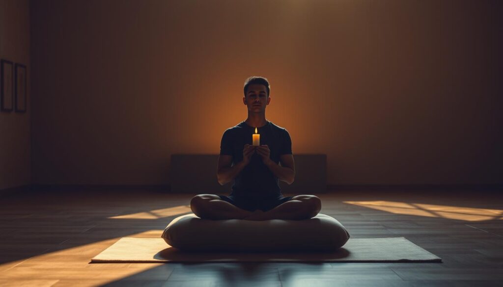 A serene, dimly lit meditation room with warm, natural lighting filtering through a large window. In the foreground, a person sits cross-legged on a plush meditation cushion, eyes closed, palms resting gently on their lap, embodying a state of profound stillness and inner focus. The middle ground features a minimalist altar with a single flickering candle, casting a soft, meditative glow. The background showcases a simple, neutral-toned wall, creating a calming, distraction-free environment conducive to deep, mindful contemplation. An aura of tranquility and present-moment awareness permeates the scene.