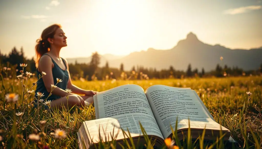 A serene meadow bathed in warm, golden light. In the foreground, a person sitting cross-legged, eyes closed, their face radiating a sense of inner peace and clarity. Surrounding them, delicate flowers and lush foliage sway gently in a soft breeze. In the middle ground, a large, open book lies on the grass, its pages seemingly turning on their own, revealing empowering words and phrases. In the distance, a majestic mountain range stands tall, its peaks piercing the horizon, symbolizing the limitless potential within. The overall scene conveys a sense of tranquility, inspiration, and the transformative power of positive narratives.