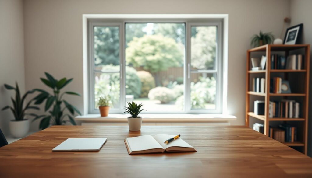 A serene, minimalist home office setting. In the foreground, a wooden desk with a notebook, pen, and a single potted plant. The middle ground features a large window overlooking a tranquil garden, bathed in soft, natural lighting. In the background, a neatly organized bookshelf with a few inspirational books and framed artwork. The overall atmosphere exudes a sense of focus, clarity, and a commitment to personal growth and goal-setting.