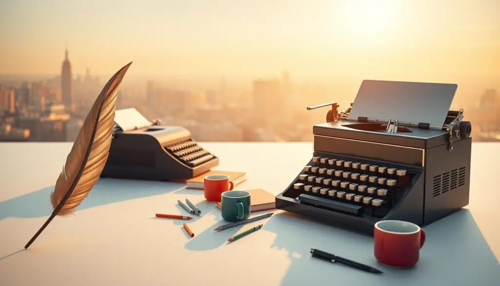 A serene, minimalist landscape depicting the evolution of blogging. In the foreground, a stylized quill pen gently transitions into a vintage typewriter, symbolizing the shift from analog to digital content creation. In the middle ground, a sleek laptop computer sits amidst a scatter of colorful notebooks and coffee mugs, representing the modern blogger's workspace. In the background, a cityscape fades into the distance, hinting at the global reach and interconnectivity of the blogging landscape. The scene is bathed in warm, golden lighting, conveying a sense of timelessness and the enduring relevance of the written word.
