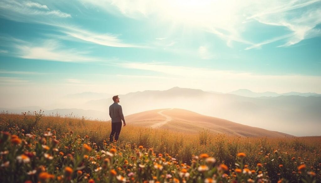 A serene, minimalist landscape depicting the psychology of resilience. In the foreground, a lone figure stands tall amidst a field of wildflowers, their gaze fixed on the horizon. Soft, diffused lighting casts a warm, hopeful glow, symbolizing the inner strength and determination to overcome obstacles. In the middle ground, a winding path leads towards a distant mountain range, representing the journey of personal growth. The background is hazy, with wispy clouds drifting across a vibrant, azure sky, conveying a sense of tranquility and clarity. The overall composition evokes a feeling of perseverance, inner peace, and the ability to thrive in the face of adversity.