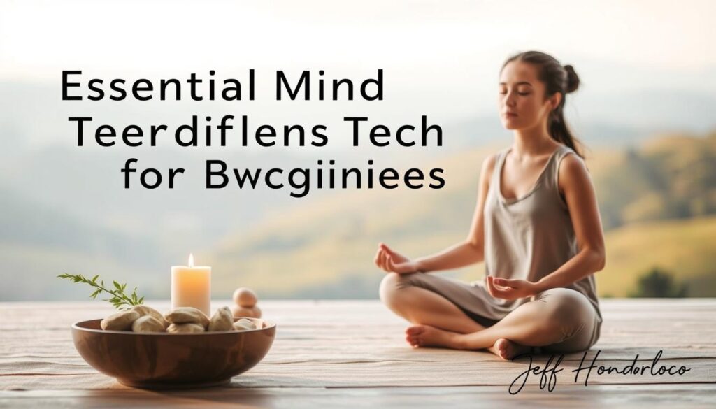 A serene, minimalist scene depicting essential mindfulness techniques for beginners. In the foreground, a person sits cross-legged in a meditative pose, eyes closed, hands resting gently on their lap. The middle ground features simple, natural objects like a bowl of river stones, a lit candle, and a sprig of greenery. The background is a blurred, calming landscape with rolling hills and a tranquil sky. Soft, diffused lighting creates a warm, peaceful atmosphere. The scene is rendered in a calming color palette of earth tones. Signature of "Jeff Honforloco" in the bottom right corner.