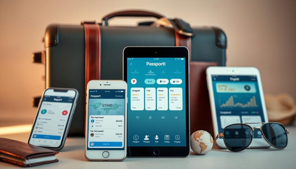 A serene, minimalist scene of money management travel apps showcased on various mobile devices, set against a backdrop of a suitcase, passport, and travel-themed icons. The foreground features sleek, modern smartphone and tablet displays presenting intuitive budgeting, currency conversion, and expense tracking interfaces. The middle ground includes a leather-bound travel journal, a world map, and a pair of aviator sunglasses, creating a sense of adventure and organization. The background is softly blurred, emphasizing the apps as the focal point, with a muted color palette of blues, grays, and subtle gold accents to convey a sense of sophistication and practicality. Warm, directional lighting casts gentle shadows, adding depth and a welcoming atmosphere.