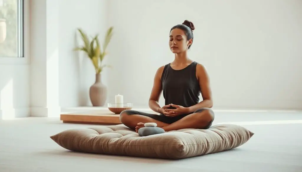 A serene, minimalist scene showcasing essential mindfulness exercises. In the foreground, a person sits cross-legged on a plush meditation cushion, palms resting gently on their lap, eyes closed in peaceful contemplation. Soft, natural lighting filters in through a large window, casting a warm glow on the scene. In the middle ground, a small altar displays a few simple objects - a candle, a bowl of water, and a few smooth river stones. The background features a tranquil, uncluttered room with clean, white walls, hinting at a sense of calm and focus. The overall atmosphere is one of tranquility, introspection, and a grounded connection to the present moment.