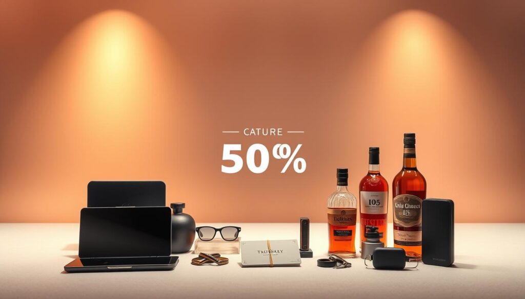 A serene, minimalist scene showcasing the allure of exclusive deals. In the foreground, a display of premium products - sleek electronics, high-fashion accessories, and top-shelf liquor - arranged artfully against a soft, muted backdrop. Warm, diffused lighting casts a gentle glow, creating an atmosphere of luxury and sophistication. The middle ground features a stylized price tag or discount label, subtly hinting at the value proposition. In the background, a hazy, out-of-focus cityscape or elegant interior design elements reinforce the sense of exclusivity and a life of refined tastes. The overall composition evokes a feeling of aspirational, yet attainable, indulgence in the modern economy.