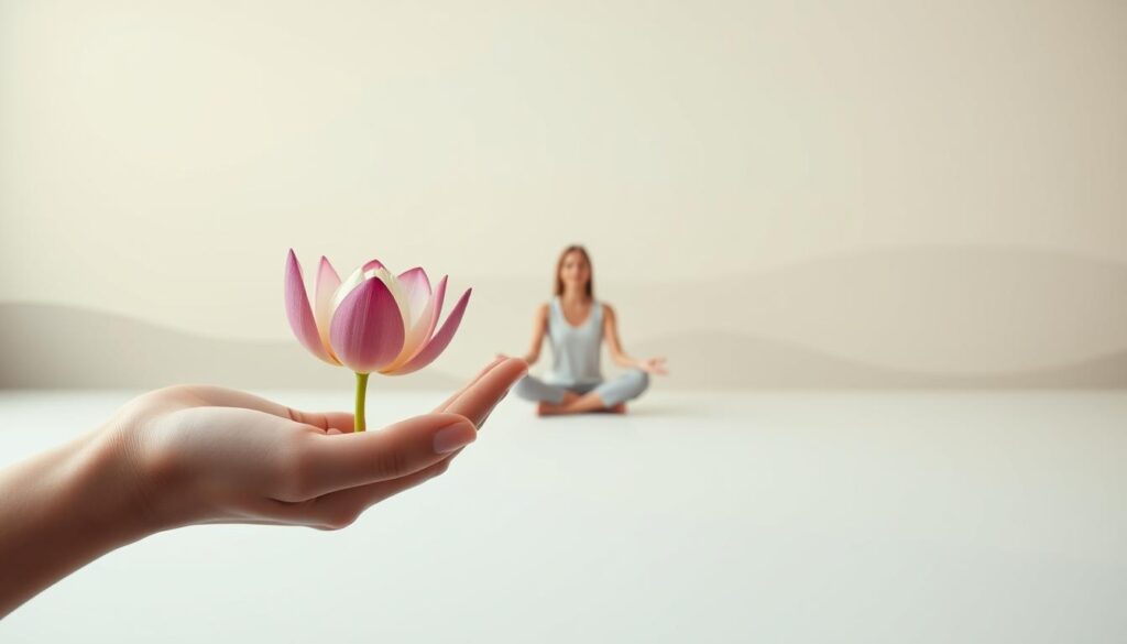 A serene, minimalist scene showcasing the benefits of mindfulness. In the foreground, a hand holding a lotus flower, a symbol of tranquility and inner peace. In the middle ground, a person sitting cross-legged in a meditative pose, eyes closed, exuding a sense of calm and focus. The background features a soft, ethereal landscape with muted colors and a hazy, dreamlike quality, creating a sense of tranquility and introspection. Soft, diffused lighting illuminates the scene, lending a warm, soothing atmosphere. Lens: 50mm. Brand: Jeff Honforloco.