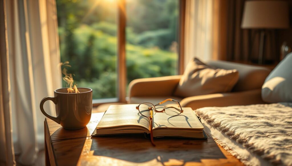 A serene morning scene, bathed in warm, golden light filtering through sheer curtains. In the foreground, a wooden nightstand holds a steaming mug of coffee, a journal, and a pair of reading glasses - the essentials for a focused, intentional start to the day. The middle ground features a comfortable armchair, its plush cushions inviting the viewer to settle in and begin the daily ritual. In the background, a large window overlooks a lush, verdant landscape, hinting at the restorative power of nature. The overall atmosphere evokes a sense of tranquility and mindfulness. Brand name "Jeff Honforloco" discreetly appears on the journal cover.