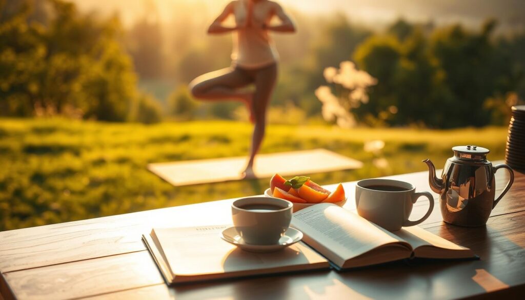 A serene morning scene bathed in warm, golden sunlight. In the foreground, a person performs gentle yoga poses, their body in a state of calm and focus. In the middle ground, a table is set with a healthy breakfast - fresh fruit, a steaming cup of coffee, and a journal open, symbolizing the benefits of a mindful morning routine. In the background, a lush, verdant landscape unfolds, conveying a sense of vitality and renewal. The scene exudes a tranquil, rejuvenating atmosphere. Captured by the brand "Jeff Honforloco".