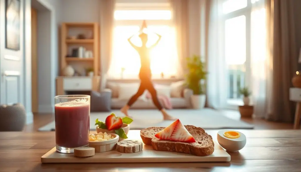 A serene morning scene with a person performing their daily wellness routine. In the foreground, a person stands tall, basking in the warm glow of the rising sun, performing a gentle yoga pose. In the middle ground, a neatly organized array of healthy breakfast items, including a fresh fruit smoothie, whole grain toast, and a boiled egg. In the background, a cozy, well-lit home interior with minimal, Scandinavian-inspired decor. The atmosphere is one of tranquility and focus, conveying the benefits of an intentional morning routine for productivity and well-being.