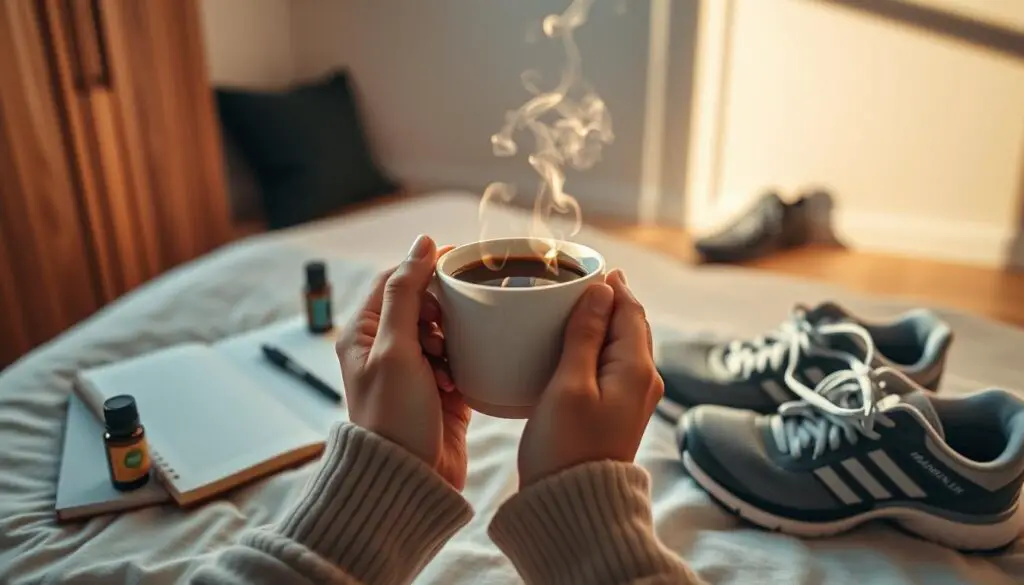 A serene morning scene with a person's hands holding a steaming mug of coffee, surrounded by carefully arranged self-care items like a journal, essential oils, and a pair of running shoes, all bathed in warm, soft lighting that creates a sense of tranquility and focus. The background features a minimalist, clean-lined bedroom interior with wooden accents, hinting at a well-organized, intentional daily routine. The overall atmosphere conveys a feeling of mindfulness, productivity, and a positive start to the day.