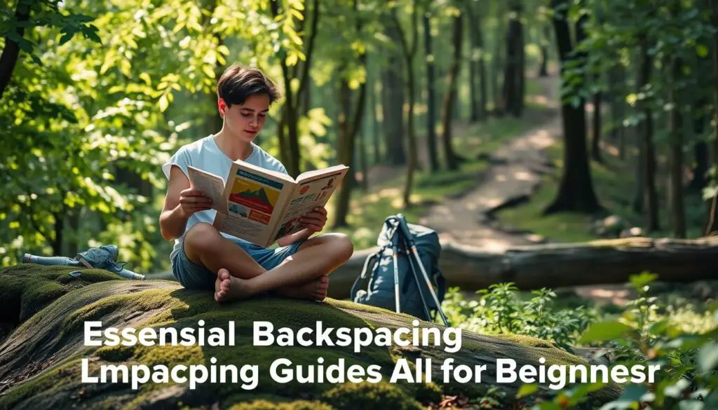 A serene outdoor scene with a young adult sitting cross-legged on a mossy rock, studying a detailed backpacking guide. Soft natural lighting filters through the canopy of lush green foliage, casting warm shadows across the scene. In the middle ground, an expertly packed backpack and hiking poles lean against a fallen log. The background features a winding forest trail disappearing into the distance, hinting at the adventures to come. The overall atmosphere evokes a sense of tranquility and preparedness, perfectly capturing the "Essential Backpacking Guides for Beginners" theme.