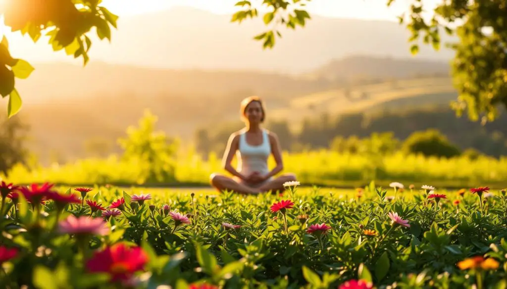 A serene, sun-dappled garden with lush greenery and vibrant flowers in the foreground. In the middle ground, a person sitting cross-legged in a peaceful, meditative pose, eyes closed, radiating a sense of tranquility. The background features a calming, out-of-focus landscape with rolling hills, a distant forest, and a warm, golden-hour sky. The lighting is soft and diffused, creating a tranquil, introspective atmosphere. The overall scene conveys the transformative benefits of mindfulness practice, bringing a sense of inner peace, clarity, and connection with the natural world.