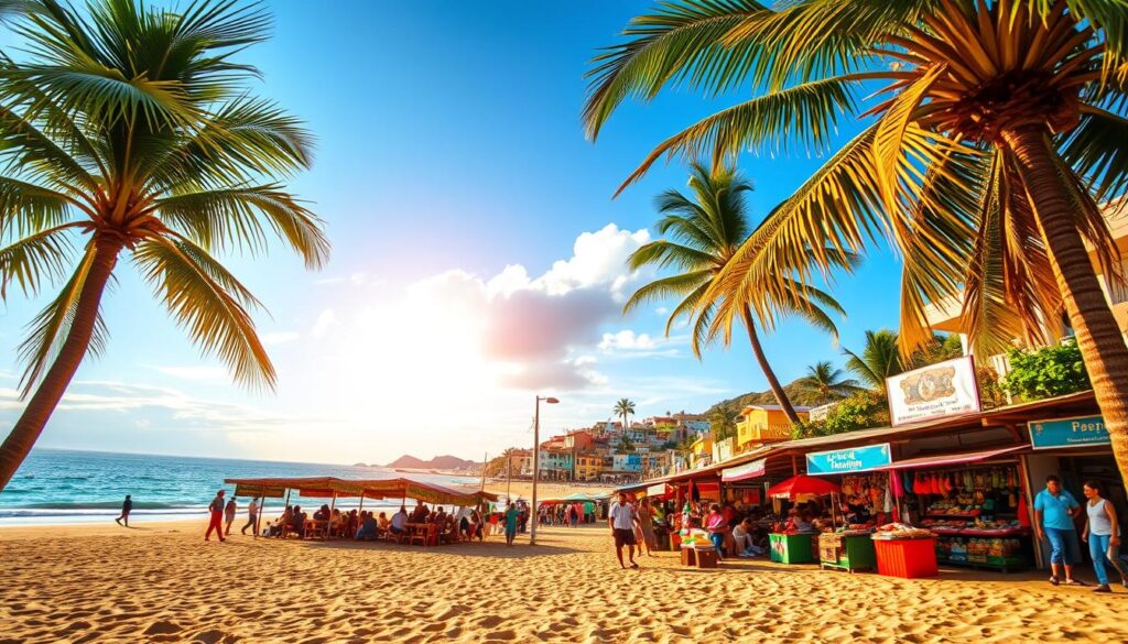 A serene, sun-drenched beach with swaying palm trees in the foreground, leading to a bustling open-air marketplace in the middle ground, where locals sell vibrant handcrafted goods and street food. In the background, a picturesque coastal town with quaint, colorful buildings and narrow winding streets, all under a warm, golden hour sky. The scene conveys a sense of laidback, budget-friendly adventure, perfect for an affordable yet memorable vacation.