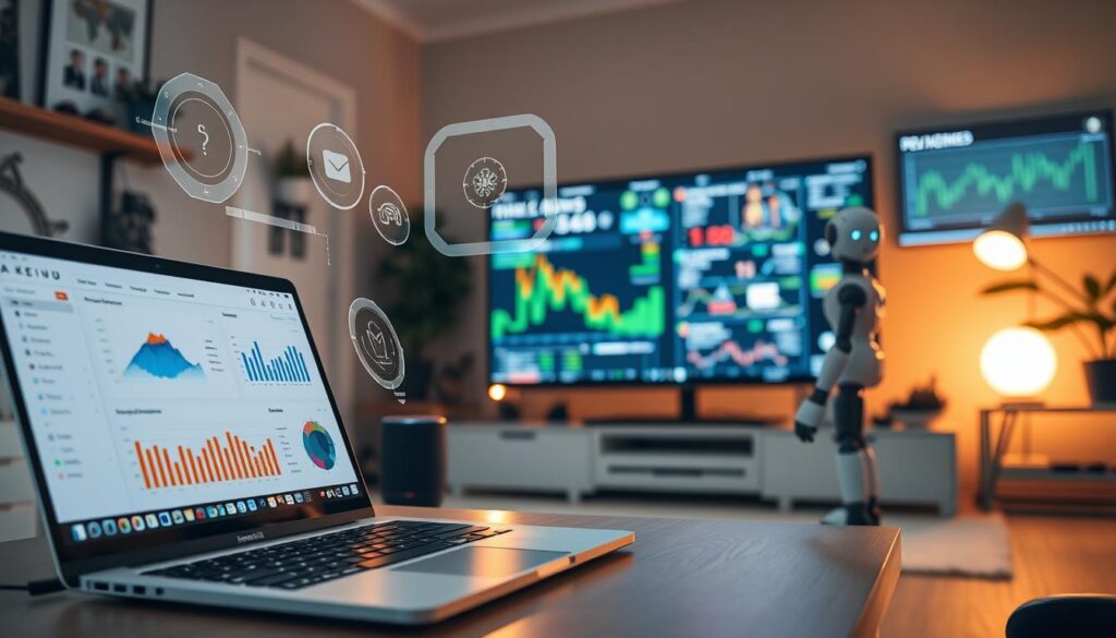 A serene, well-lit home office filled with various AI-powered tools and devices. In the foreground, a sleek laptop displays a dashboard of AI-driven analytics and task automation. Floating holograms showcase intuitive interfaces for no-code AI model building and deployment. In the middle ground, a smart speaker and a programmable robot assistant work in harmony, showcasing the seamless integration of AI into everyday tasks. The background features a large monitor displaying visualizations of data-driven insights and revenue projections. Warm, ambient lighting creates a focused, productive atmosphere, conveying the power and accessibility of AI-powered money-making strategies for beginners.