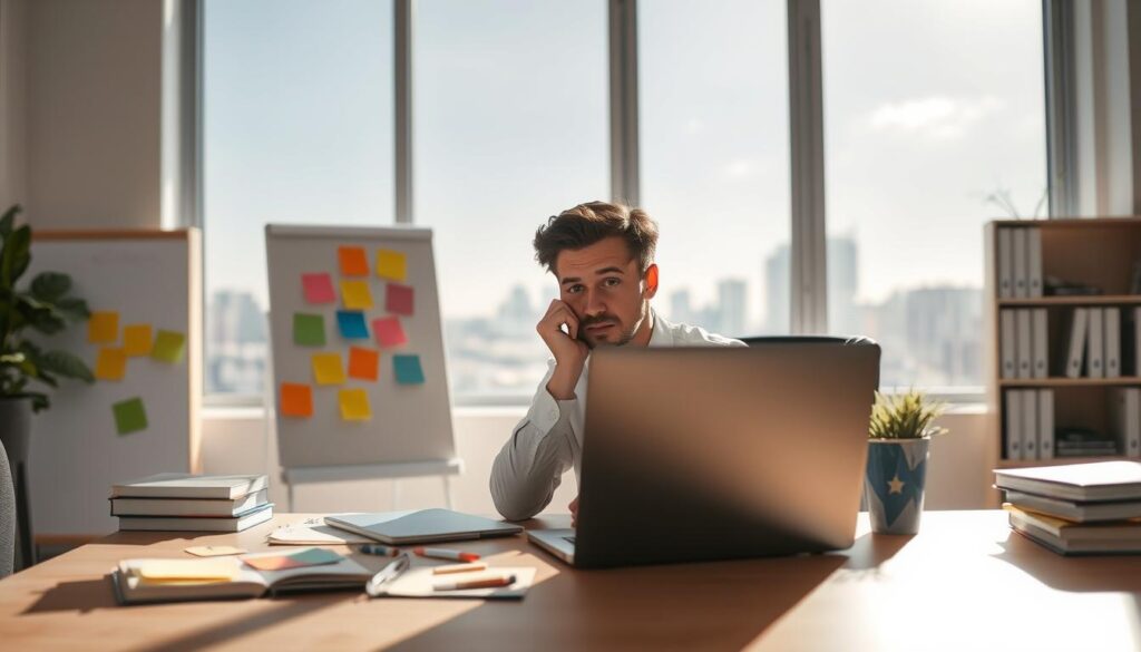 A serene, well-lit office scene with a person sitting at a desk, deep in thought, surrounded by various problem-solving tools and techniques. The desk is neatly organized, with a laptop, colored sticky notes, a whiteboard, and a few books on problem-solving strategies. The lighting is soft and natural, creating a calm and focused atmosphere. The background features a large window overlooking a cityscape, adding depth and a sense of tranquility to the scene. The person's expression conveys determination and a sense of actively engaging with the challenges at hand, reflecting the practical strategies for overcoming obstacles.
