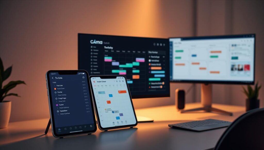 A sleek and minimalist workspace with an array of modern productivity apps displayed on a large, high-resolution monitor. In the foreground, a stylized to-do list app with clean interfaces and intuitive controls. In the middle ground, a calendar app with elegant data visualizations and scheduling tools. In the background, a project management suite with Kanban boards and real-time collaboration features. The scene is illuminated by soft, warm lighting that casts a subtle glow, creating a focused and productive atmosphere. The overall composition conveys the seamless integration of technology and workflow optimization for the modern professional.