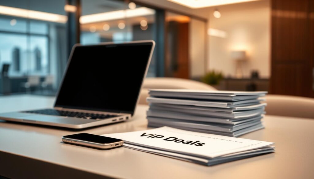 A sleek and modern-looking desk setup with a laptop, smartphone, and a stack of documents labeled "VIP Deals". The lighting is soft and evenly distributed, creating a professional and premium atmosphere. The background features a blurred cityscape or office interior, hinting at the exclusivity and high-stakes nature of the "VIP Deals". The composition is balanced, with the key elements arranged in a visually appealing way that draws the viewer's attention to the central "VIP Deals" concept. The overall mood is one of sophistication, opportunity, and a sense of access to privileged information or offerings.
