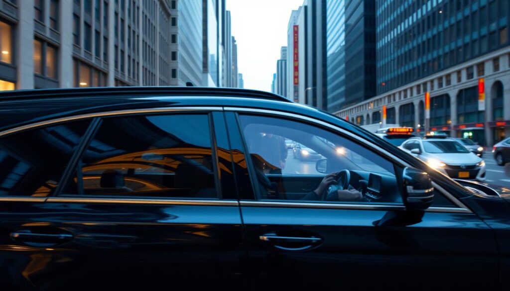 A sleek, black luxury sedan with tinted windows glides effortlessly down a city street, surrounded by skyscrapers and bustling traffic. The vehicle's interior is plush and spacious, with leather seating and a state-of-the-art entertainment system. The driver, dressed in a crisp suit, navigates the congested roads with precision, ensuring a smooth and comfortable ride for the well-dressed passengers in the back. Soft, warm lighting casts a subtle glow, creating an atmosphere of elegance and exclusivity. The scene evokes a sense of elevated, on-demand transportation, a far cry from the gig-economy rideshare services of the past.