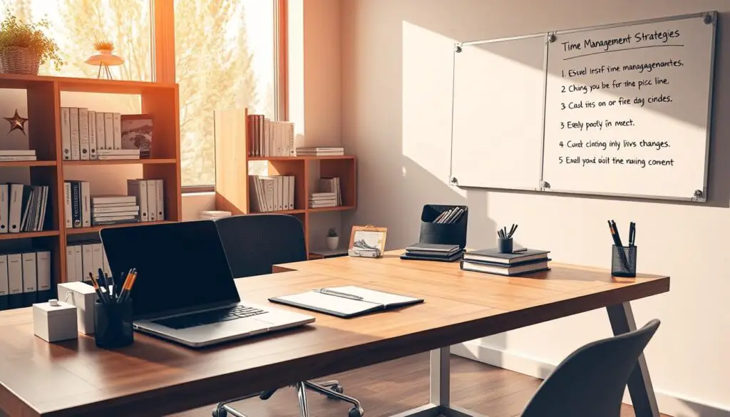 A sleek, minimalist office scene with a wooden desk, laptop, and various organizational tools like a planner, pen holder, and filing trays. The desk is bathed in warm, natural lighting from a large window, casting a soft glow on the workspace. In the background, a bookshelf filled with reference materials and a wall-mounted whiteboard showcases a concise list of time management strategies. The overall atmosphere conveys a sense of productivity, focus, and efficiency, reflecting the "science behind effective time management".