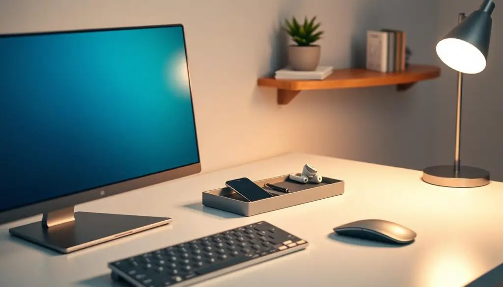 A sleek, minimalist workspace with a collection of budget-friendly productivity tech. In the foreground, a modern, compact desktop computer with a high-resolution display and a slim, wireless keyboard and mouse. In the middle ground, a simple, yet stylish organizer tray holding a smartphone, a pair of wireless earbuds, and a compact digital notepad. The background features a floating wall shelf showcasing a small desk lamp, a potted plant, and a few neatly stacked notebooks. The lighting is soft and diffused, creating a warm, inviting atmosphere. The overall scene conveys an efficient, clutter-free workspace that balances functionality and affordability.